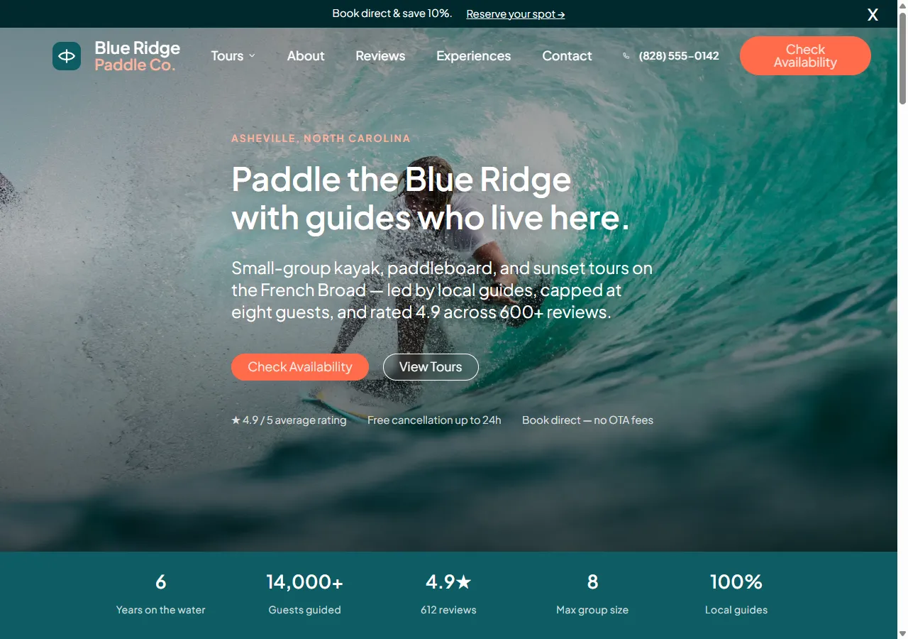 The Blue Ridge Paddle Co. demo site homepage on desktop